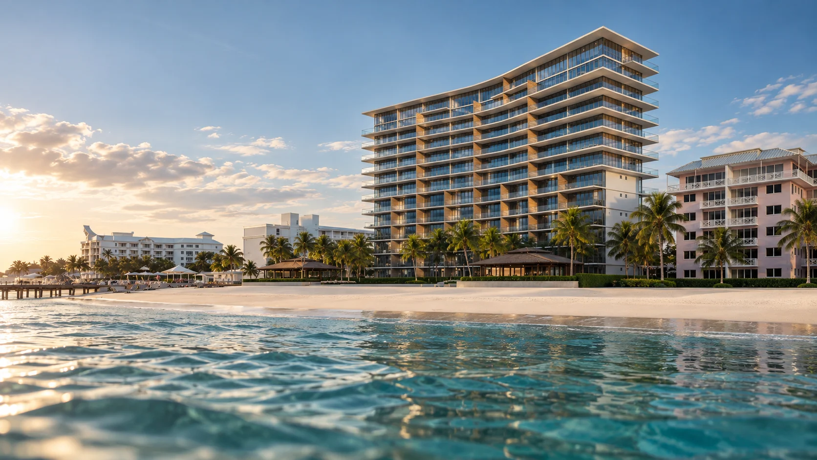Architectural rendering of the proposed FOX condominium development on Cable Beach at sunrise